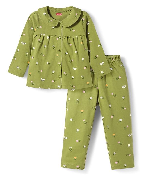 Babyhug Cotton Knit Full Sleeves Top & Pyjama Co-ord Night Suit With Floral Print - Green
