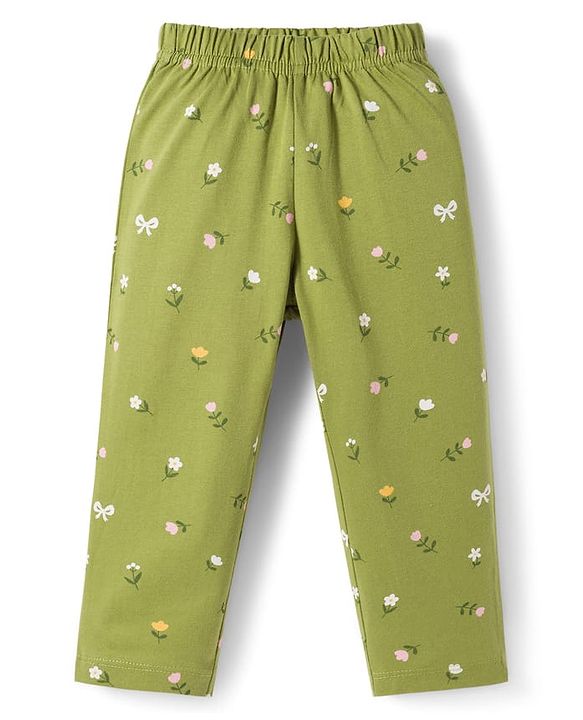 Babyhug Cotton Knit Full Sleeves Top & Pyjama Co-ord Night Suit With Floral Print - Green