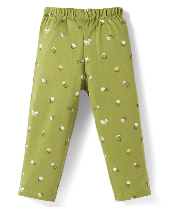 Babyhug Cotton Knit Full Sleeves Top & Pyjama Co-ord Night Suit With Floral Print - Green
