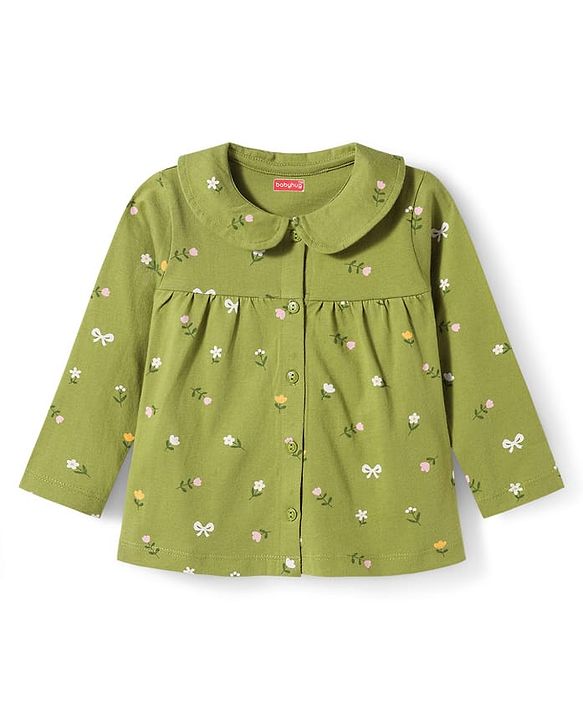 Babyhug Cotton Knit Full Sleeves Top & Pyjama Co-ord Night Suit With Floral Print - Green
