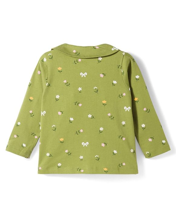 Babyhug Cotton Knit Full Sleeves Top & Pyjama Co-ord Night Suit With Floral Print - Green