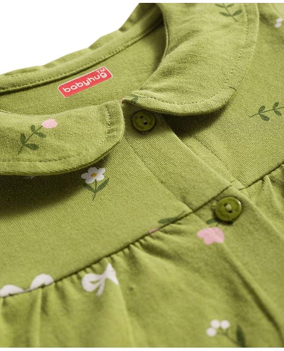 Babyhug Cotton Knit Full Sleeves Top & Pyjama Co-ord Night Suit With Floral Print - Green