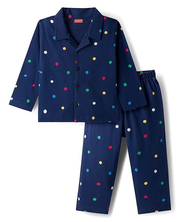 Babyhug Cotton Knit Full Sleeves Co-ord Night Suit With Polka Dot Print - Navy Blue