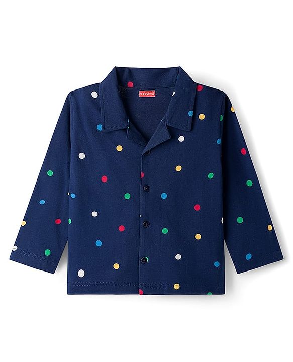 Babyhug Cotton Knit Full Sleeves Co-ord Night Suit With Polka Dot Print - Navy Blue