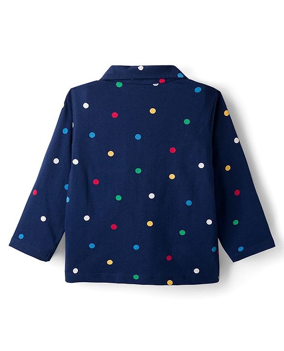 Babyhug Cotton Knit Full Sleeves Co-ord Night Suit With Polka Dot Print - Navy Blue