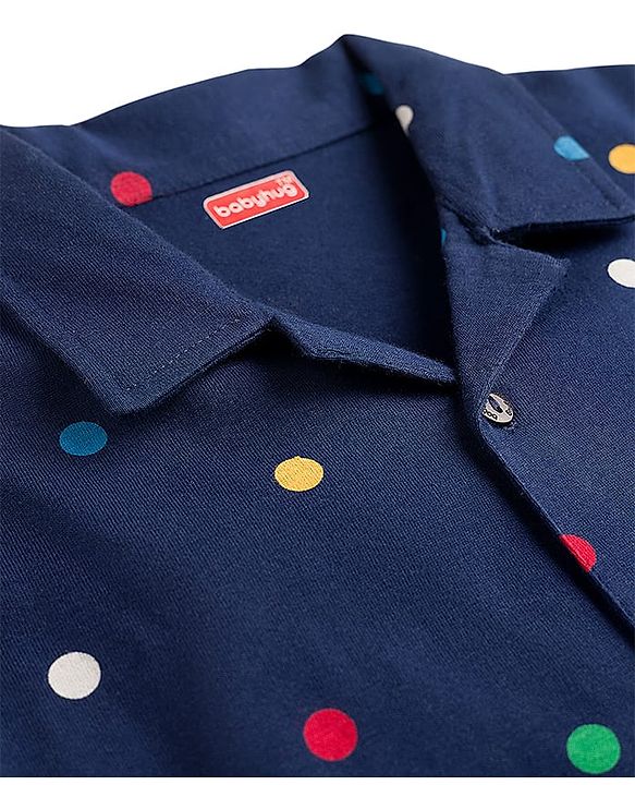 Babyhug Cotton Knit Full Sleeves Co-ord Night Suit With Polka Dot Print - Navy Blue