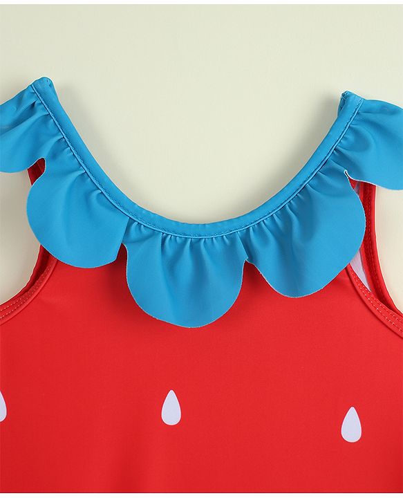 Babyhug Sleeveless V Cut Swimsuit with Cap & Drop Print Petal Detailing- Red