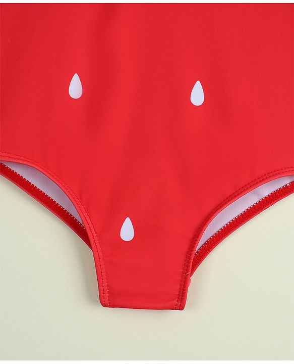 Babyhug Sleeveless V Cut Swimsuit with Cap & Drop Print Petal Detailing- Red