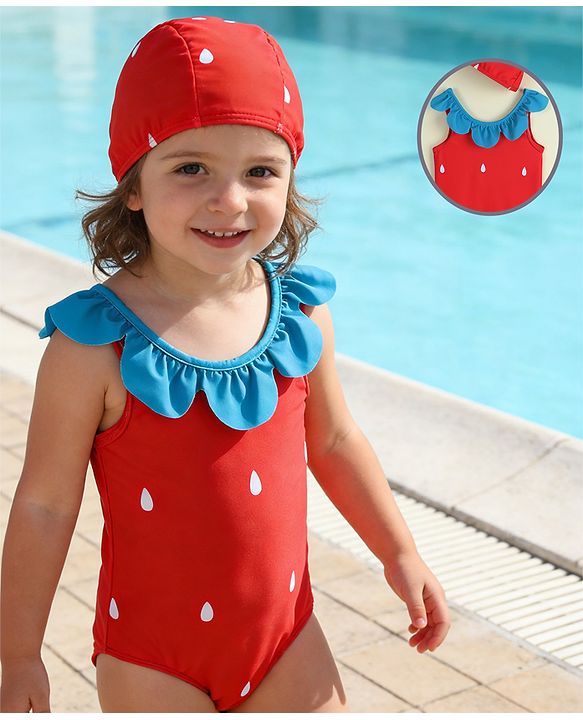 Babyhug Sleeveless V Cut Swimsuit with Cap & Drop Print Petal Detailing- Red