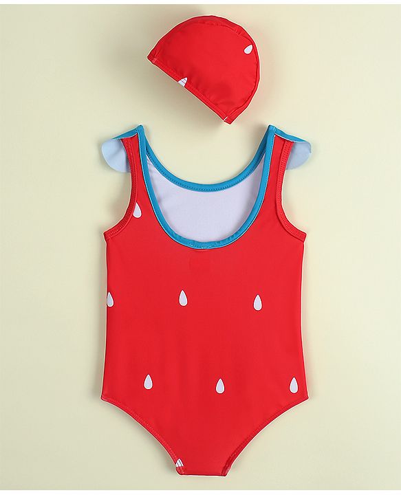 Babyhug Sleeveless V Cut Swimsuit with Cap & Drop Print Petal Detailing- Red