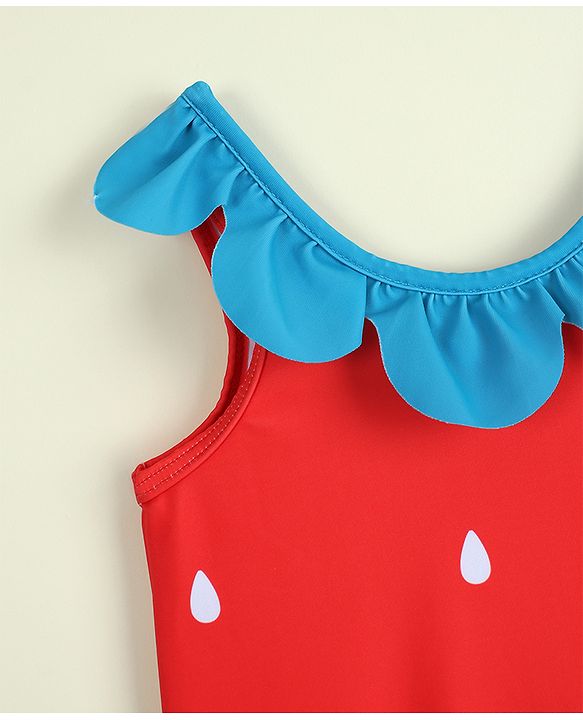 Babyhug Sleeveless V Cut Swimsuit with Cap & Drop Print Petal Detailing- Red