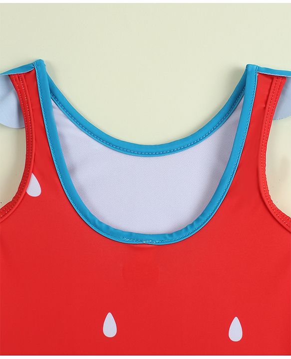 Babyhug Sleeveless V Cut Swimsuit with Cap & Drop Print Petal Detailing- Red