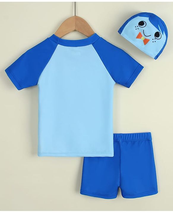 Babyhug Raglan Half Sleeves Printed Two Piece Swimsuit With Cap - Blue