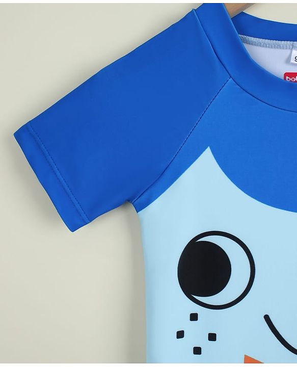 Babyhug Raglan Half Sleeves Printed Two Piece Swimsuit With Cap - Blue