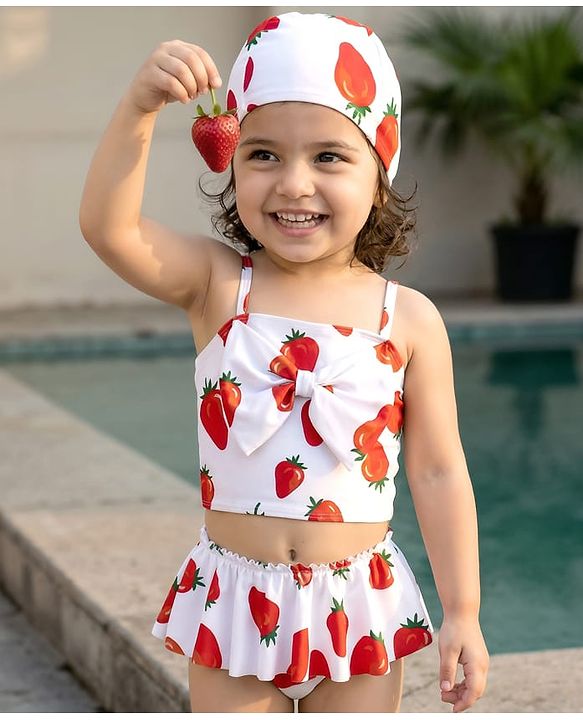 Babyhug Sleeveless Strawberry Printed Two Piece Swimsuit With Cap - Red