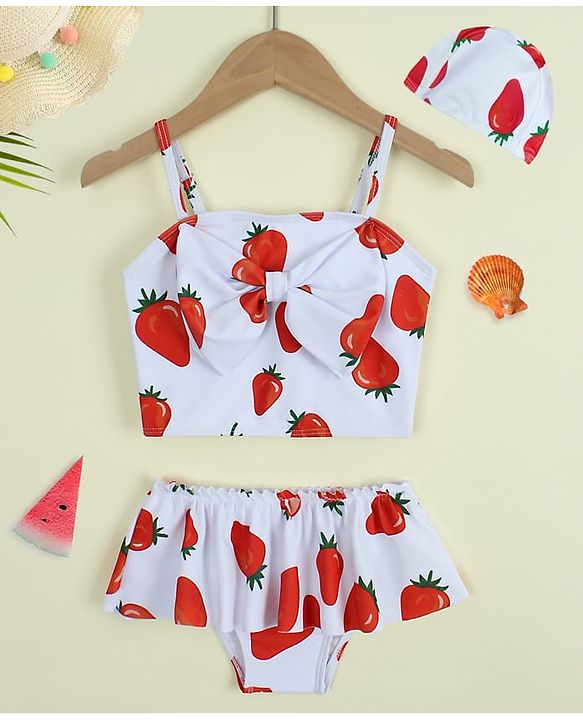 Babyhug Sleeveless Strawberry Printed Two Piece Swimsuit With Cap - Red