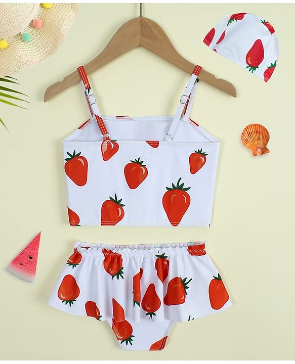 Babyhug Sleeveless Strawberry Printed Two Piece Swimsuit With Cap - Red