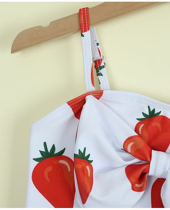 Babyhug Sleeveless Strawberry Printed Two Piece Swimsuit With Cap - Red