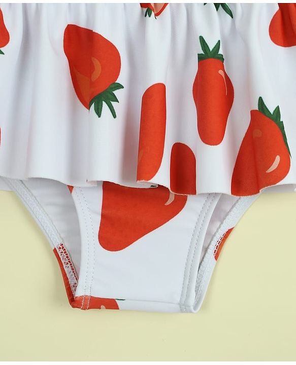 Babyhug Sleeveless Strawberry Printed Two Piece Swimsuit With Cap - Red