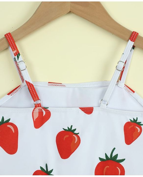Babyhug Sleeveless Strawberry Printed Two Piece Swimsuit With Cap - Red