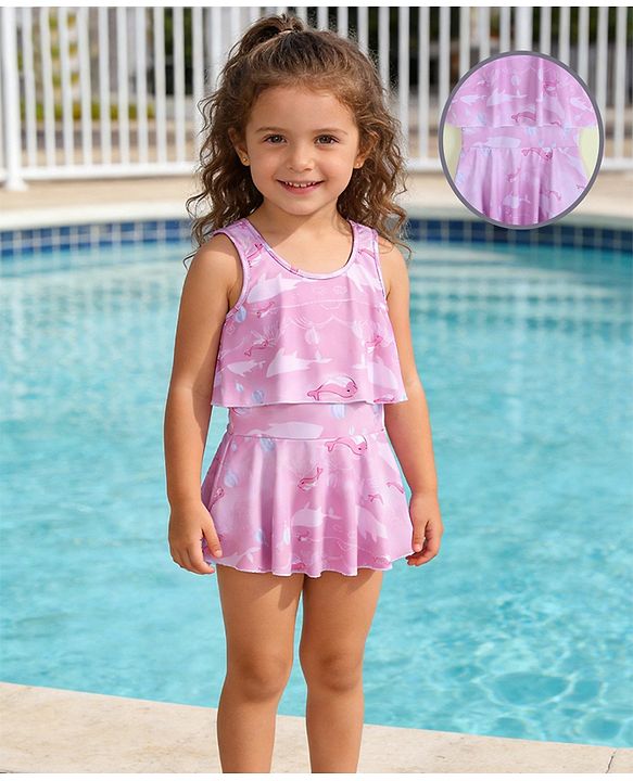 Babyhug Sleeveless Sea Life Printed Frock Swimsuit - Purple