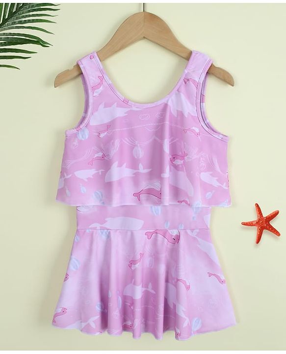 Babyhug Sleeveless Sea Life Printed Frock Swimsuit - Purple