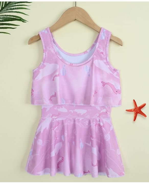 Babyhug Sleeveless Sea Life Printed Frock Swimsuit - Purple