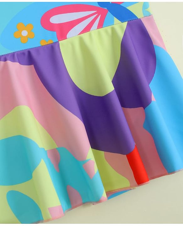 Babyhug Sleeveless Butterfly Printed Frock Swimsuit With Cap - Multicolour
