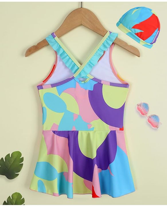 Babyhug Sleeveless Butterfly Printed Frock Swimsuit With Cap - Multicolour