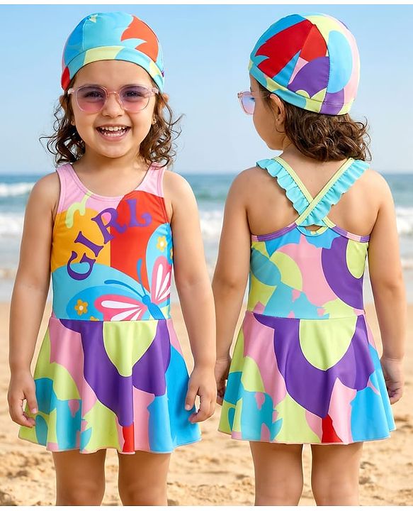 Babyhug Sleeveless Butterfly Printed Frock Swimsuit With Cap - Multicolour