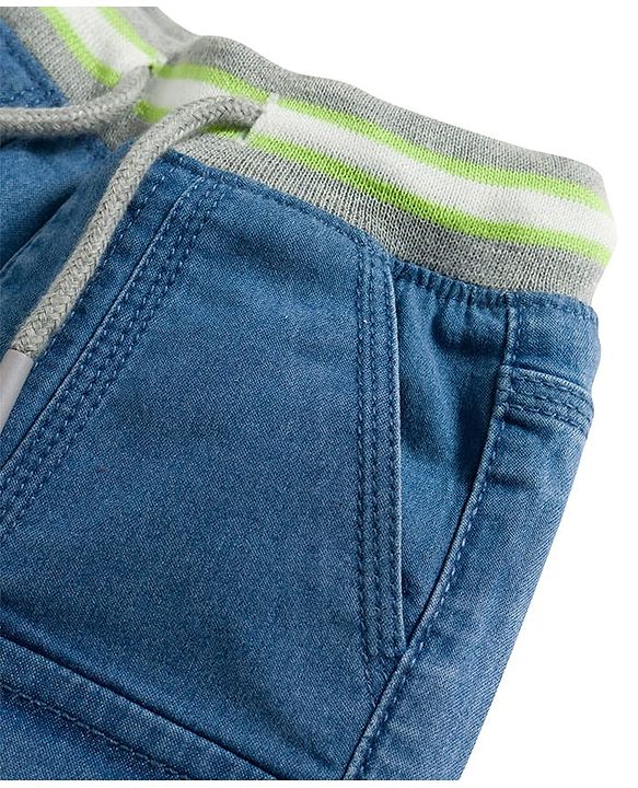 Babyhug Mid Thigh Washed Denim Shorts With Teddy Bear Print & Stretch - Blue
