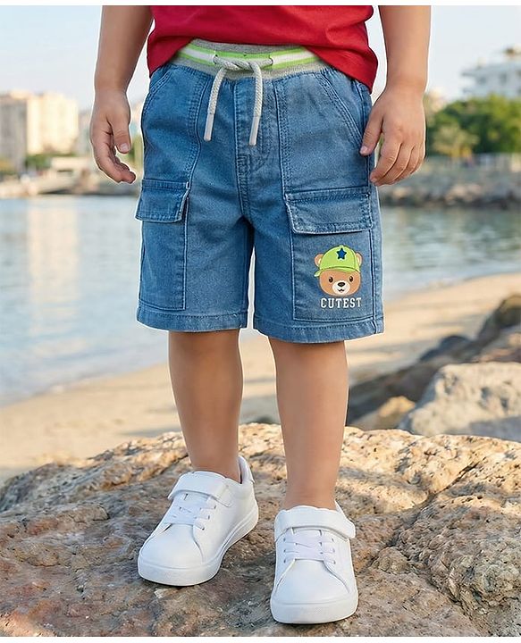 Babyhug Mid Thigh Washed Denim Shorts With Teddy Bear Print & Stretch - Blue