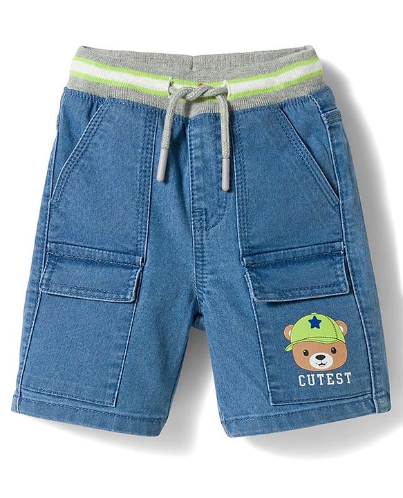 Babyhug Mid Thigh Washed Denim Shorts With Teddy Bear Print & Stretch - Blue
