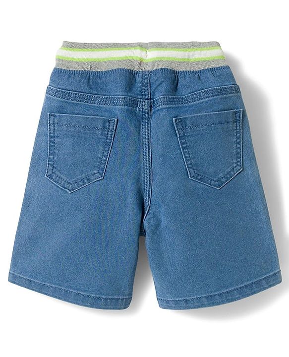 Babyhug Mid Thigh Washed Denim Shorts With Teddy Bear Print & Stretch - Blue