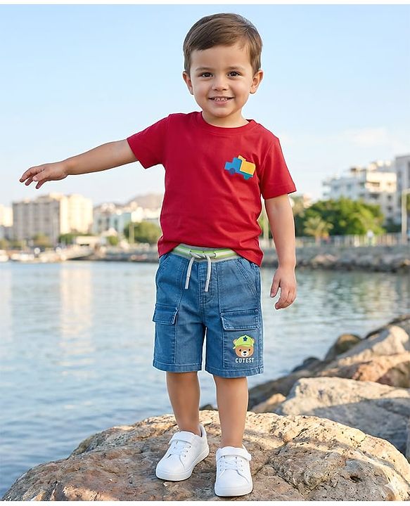 Babyhug Mid Thigh Washed Denim Shorts With Teddy Bear Print & Stretch - Blue