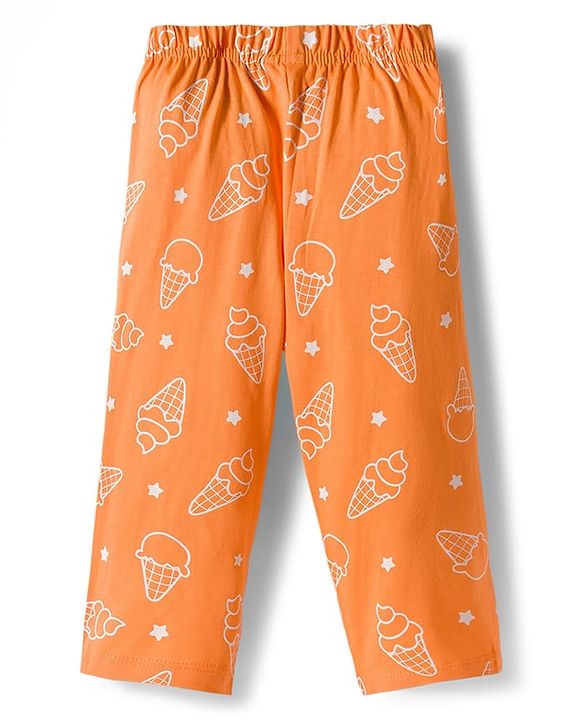 Babyhug Cotton Knit Full Sleeves Co-ords Shirt & Pajama Night Suit with Ice Cream Print - Orange
