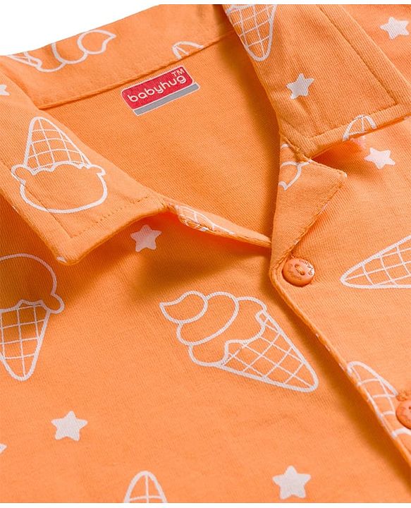 Babyhug Cotton Knit Full Sleeves Co-ords Shirt & Pajama Night Suit with Ice Cream Print - Orange