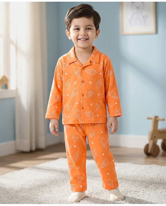 Babyhug Cotton Knit Full Sleeves Co-ords Shirt & Pajama Night Suit with Ice Cream Print - Orange