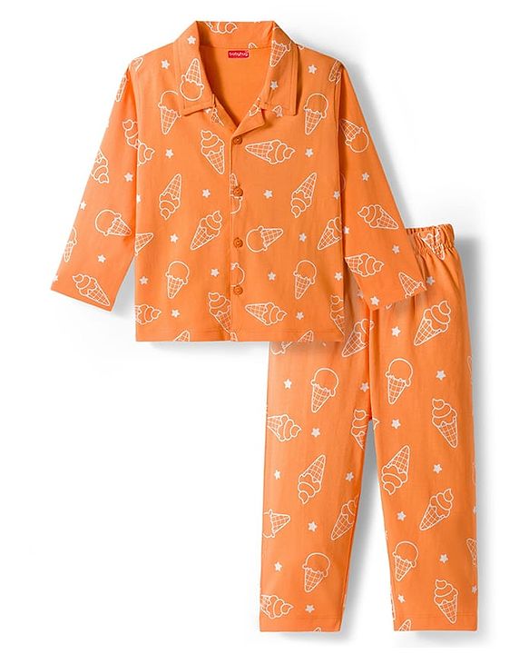 Babyhug Cotton Knit Full Sleeves Co-ords Shirt & Pajama Night Suit with Ice Cream Print - Orange