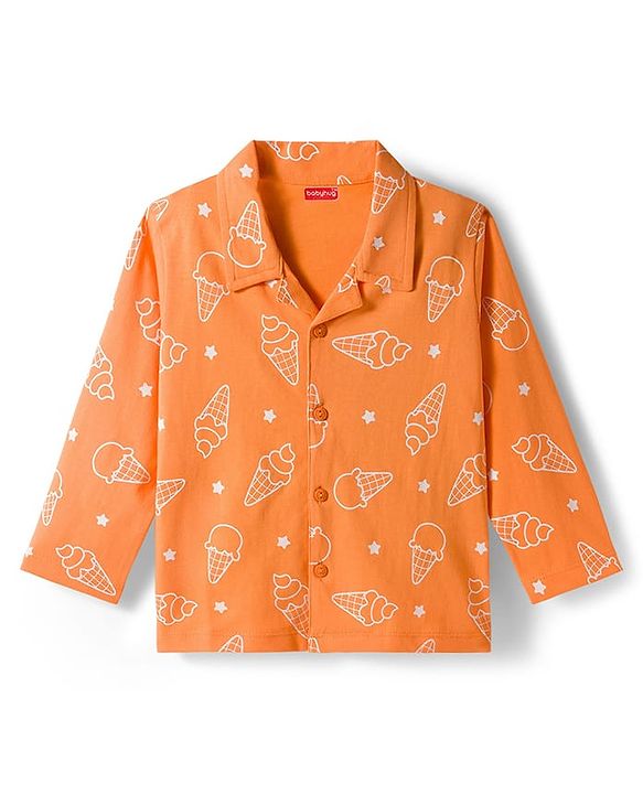 Babyhug Cotton Knit Full Sleeves Co-ords Shirt & Pajama Night Suit with Ice Cream Print - Orange