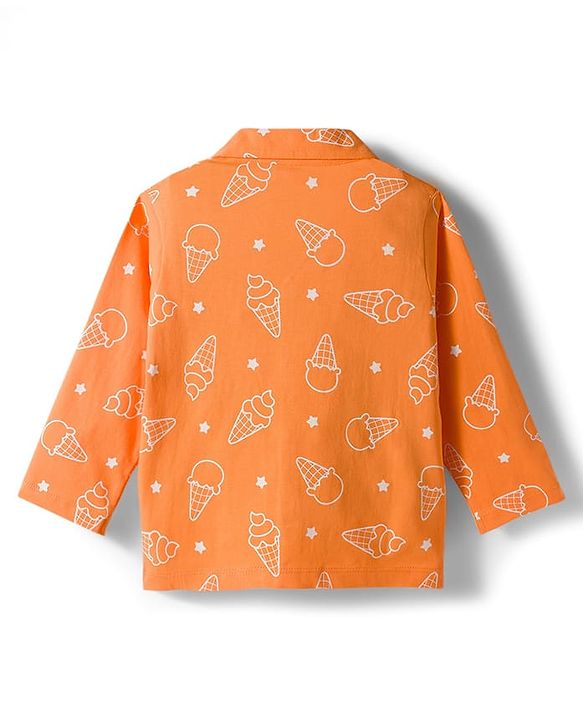 Babyhug Cotton Knit Full Sleeves Co-ords Shirt & Pajama Night Suit with Ice Cream Print - Orange
