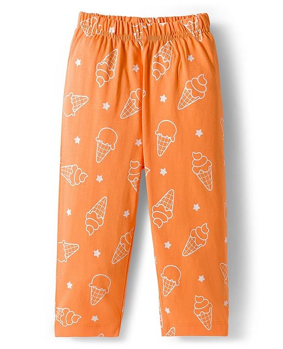 Babyhug Cotton Knit Full Sleeves Co-ords Shirt & Pajama Night Suit with Ice Cream Print - Orange