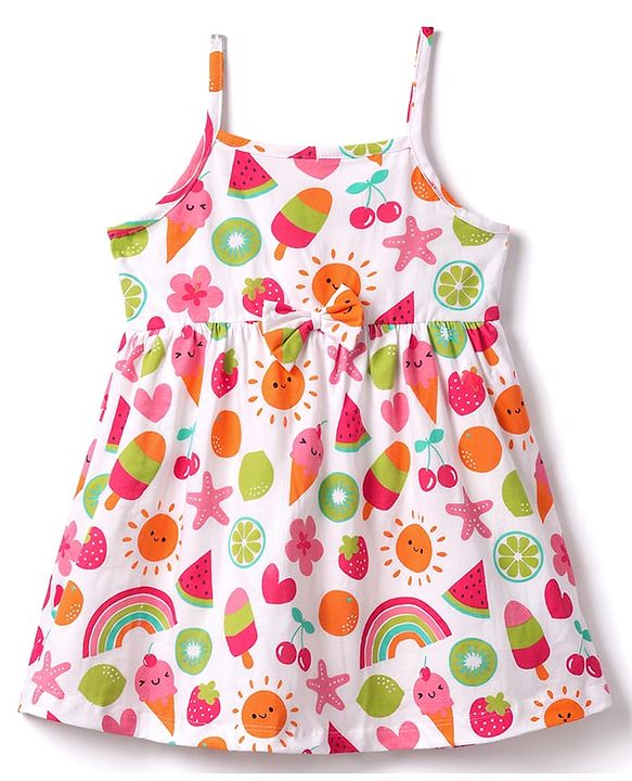 Babyhug Cotton Knit Frill Sleeves Tropical Theme Printed Frock with Inner Tee & Bow Applique - Multicolor