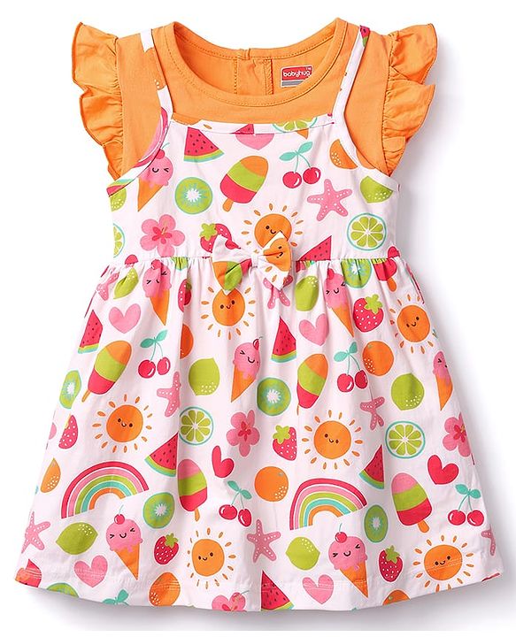 Babyhug Cotton Knit Frill Sleeves Tropical Theme Printed Frock with Inner Tee & Bow Applique - Multicolor