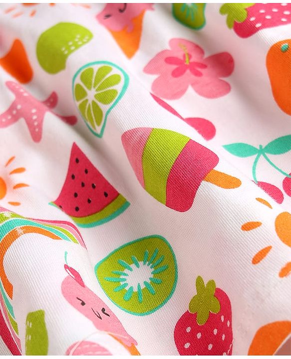 Babyhug Cotton Knit Frill Sleeves Tropical Theme Printed Frock with Inner Tee & Bow Applique - Multicolor