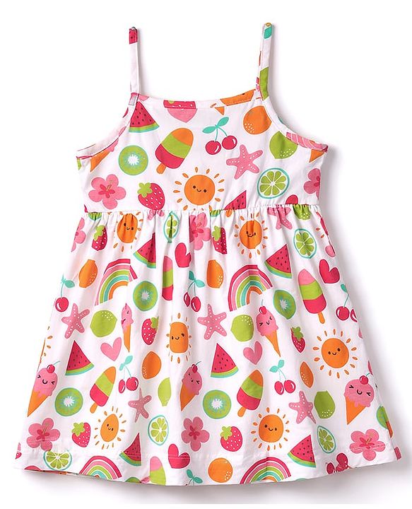 Babyhug Cotton Knit Frill Sleeves Tropical Theme Printed Frock with Inner Tee & Bow Applique - Multicolor