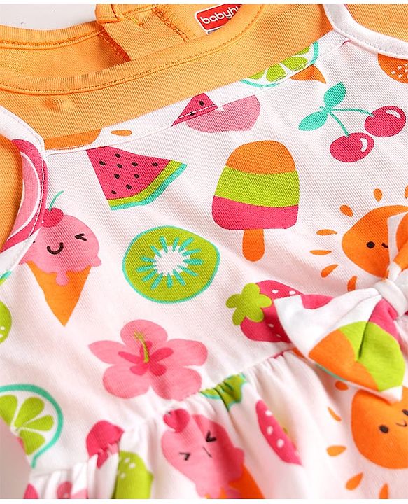 Babyhug Cotton Knit Frill Sleeves Tropical Theme Printed Frock with Inner Tee & Bow Applique - Multicolor