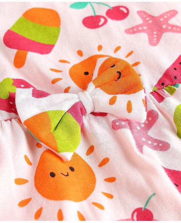 Babyhug Cotton Knit Frill Sleeves Tropical Theme Printed Frock with Inner Tee & Bow Applique - Multicolor