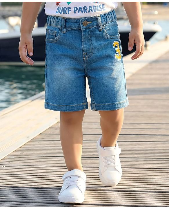 Babyhug Mid Thigh Washed Denim Shorts With Number Embroidery & Stretch - Light Blue