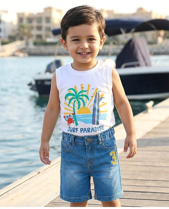 Babyhug Mid Thigh Washed Denim Shorts With Number Embroidery & Stretch - Light Blue